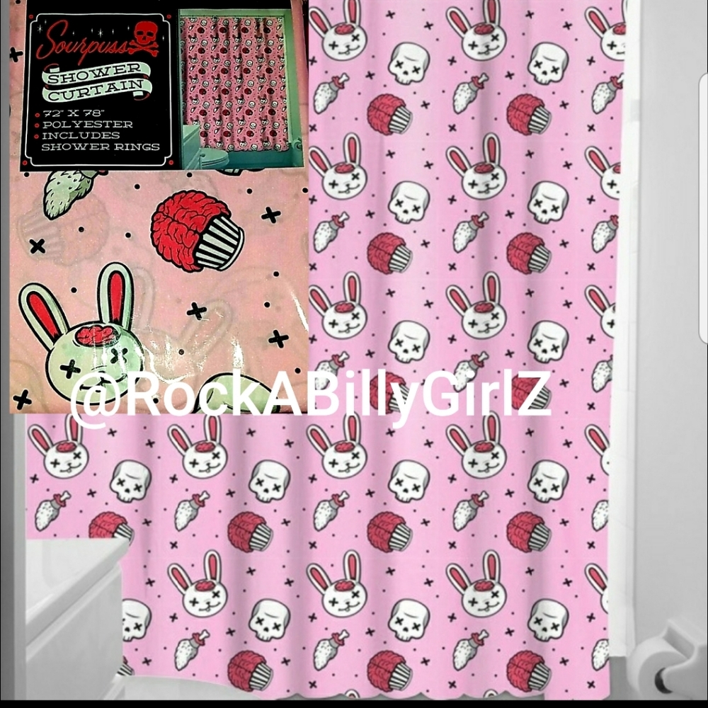 Sourpuss Zombie Bunny Pink Brains Cupcake Shower Curtain